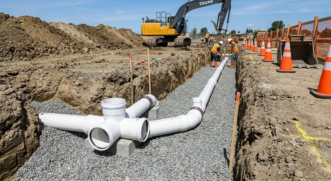 New PVC sewer pipe installation in open trench for Sewer Backup in Bloomfield