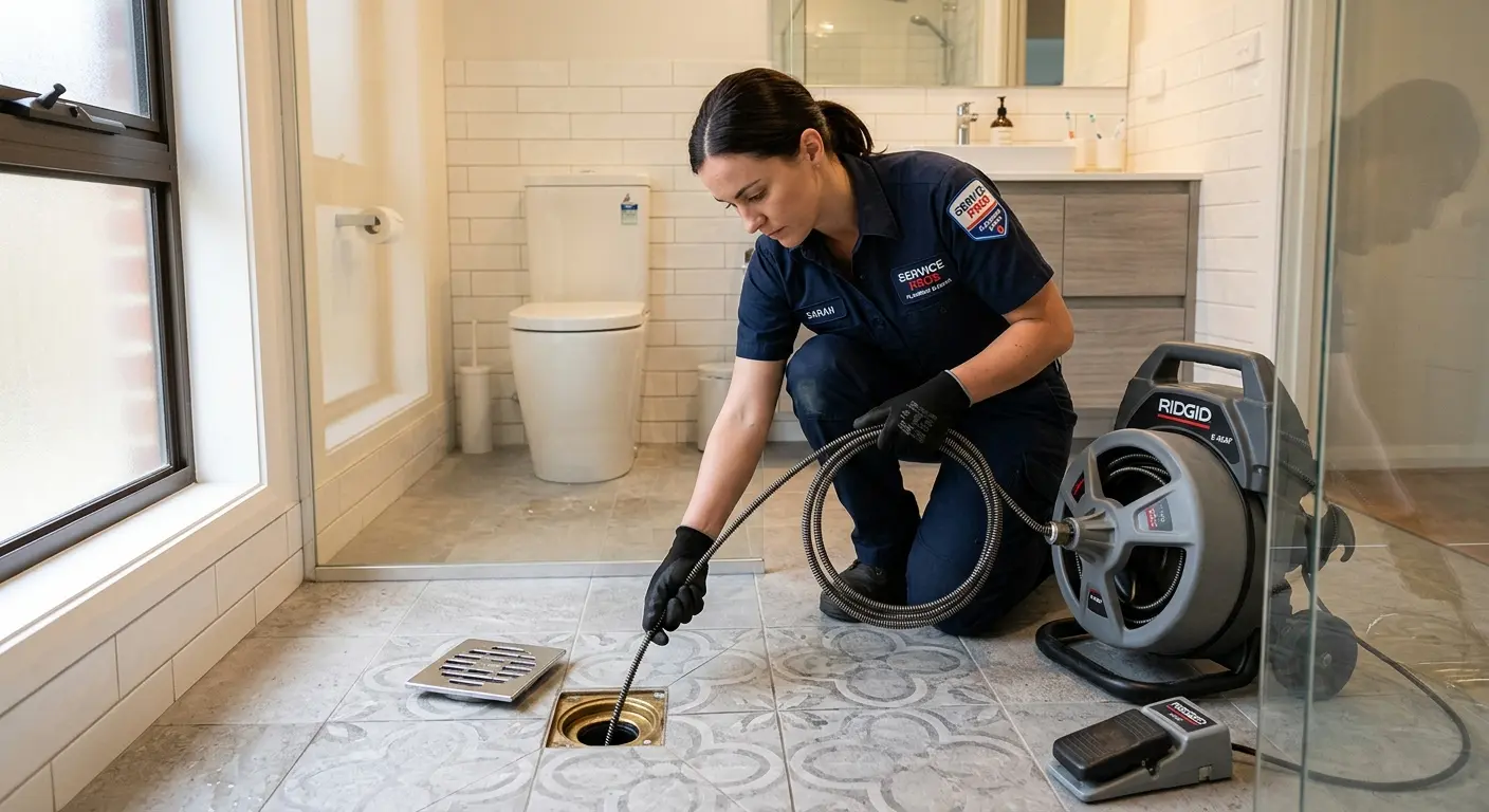 Technician clearing a bathroom floor drain for Clogged Drain Repair in Bloomfield